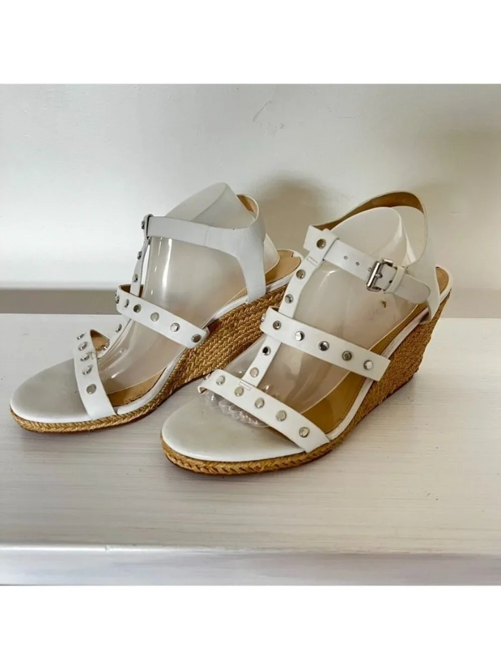 Via Spiga Womens 8.5 White Studded Espadrille Wedge Sandals Vacation Resort